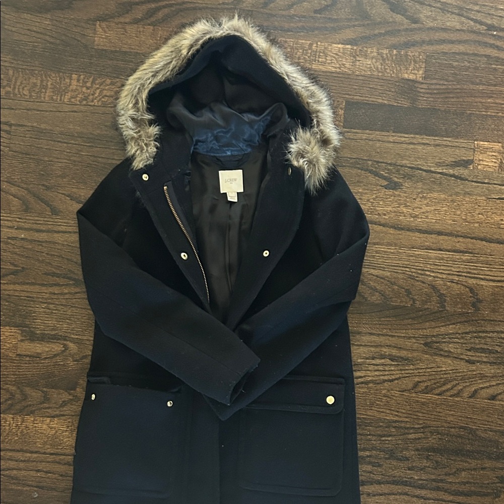 J. Crew Black Coat with Fur-Trimmed Hood